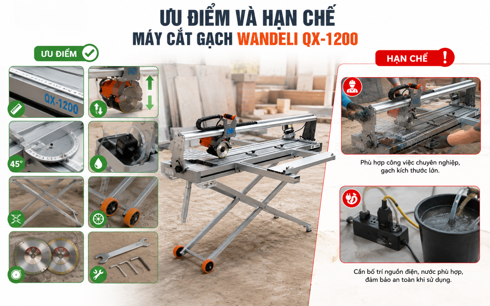 Ưu điểm và hạn chế của máy cắt gạch Wandeli QX-1200