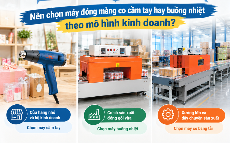 Nên chọn máy đóng màng co cầm tay hay buồng nhiệt theo mô hình kinh doanh