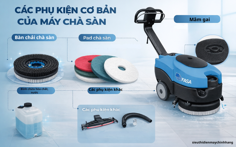 Các phụ kiện cơ bản của máy chà sàn