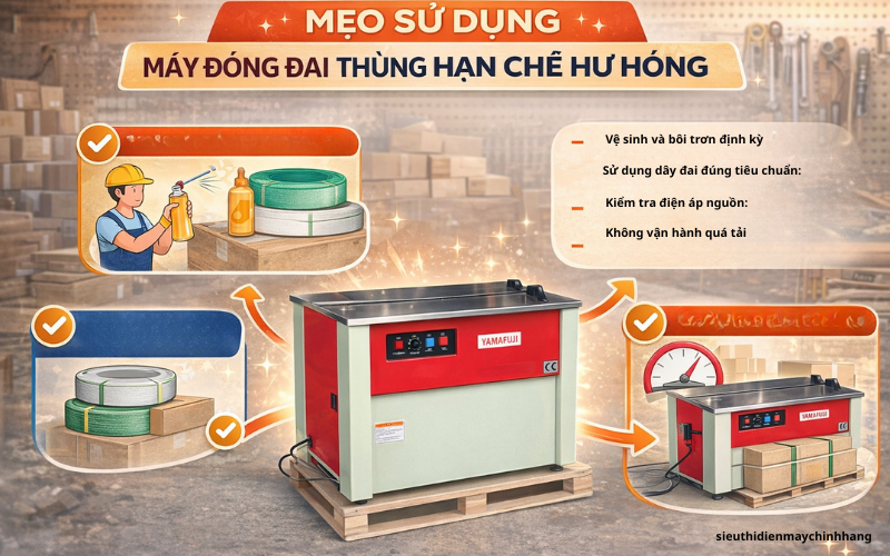 Mẹo sử dụng máy đóng đai thùng hạn chế hư hỏng