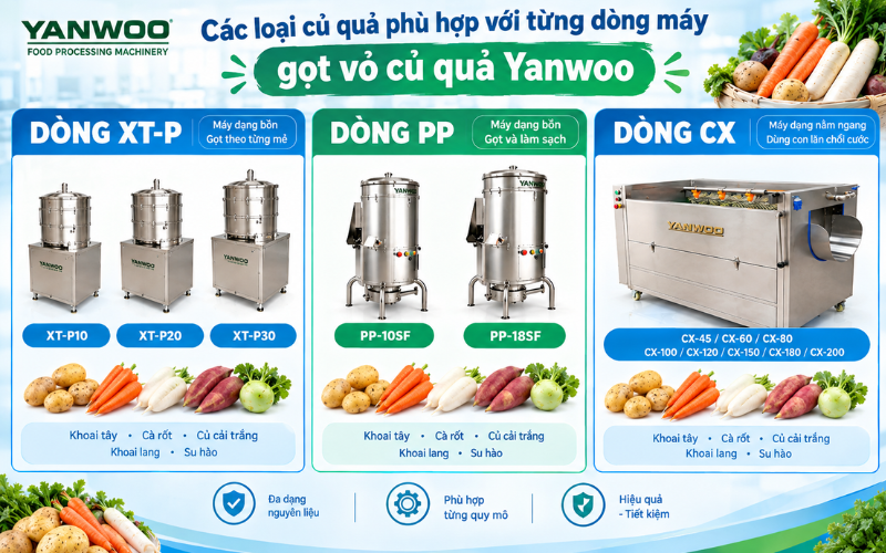 Các loại củ quả phù hợp với từng dòng máy gọt vỏ củ quả Yanwoo