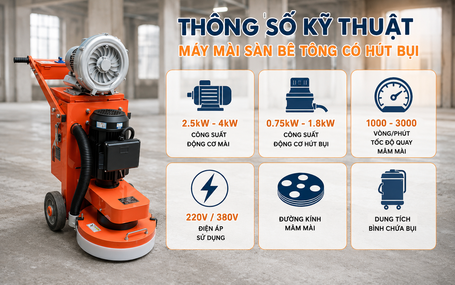 Thông số kỹ thuật khi mua máy mài sàn bê tông có hút bụi