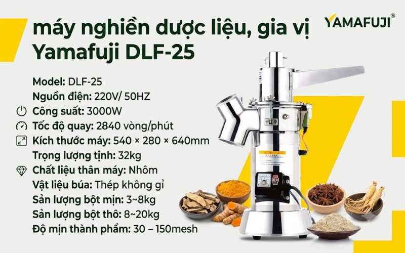 Thông số của máy nghiền dược liệu, gia vị Yamafuji DLF-25