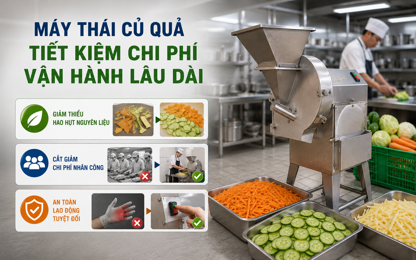 Máy thái củ quả tiết kiệm chi phí vận hành lâu dài