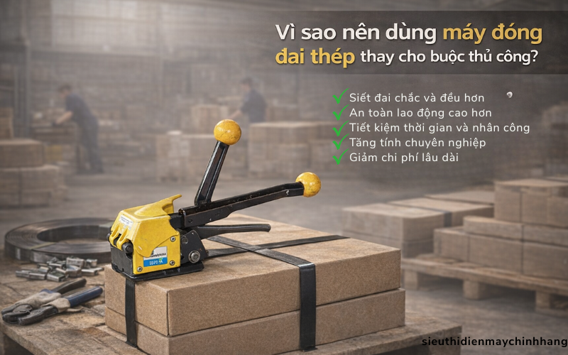Vì sao nên dùng máy đóng đai thép thay cho buộc thủ công?