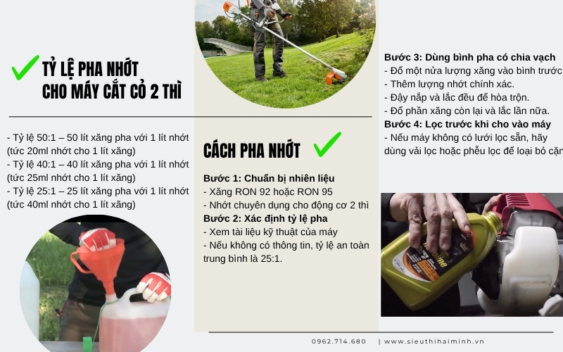 Tỷ lệ pha nhớt cho máy cắt cỏ 2 thì