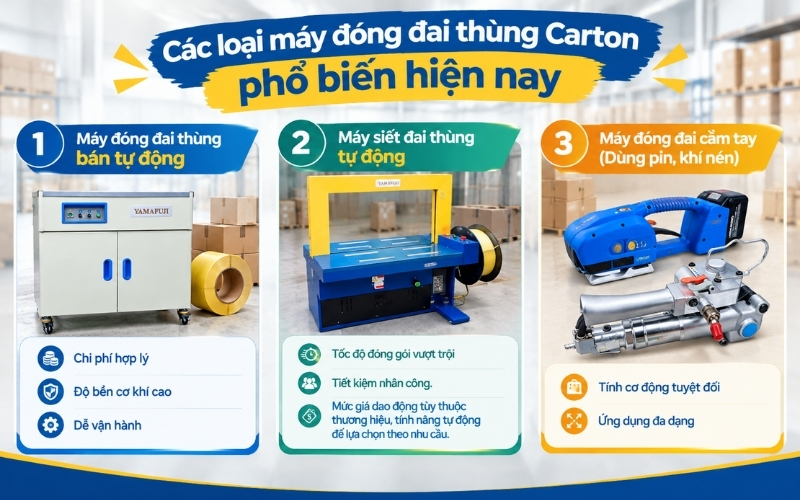 Các loại máy đóng đai thùng Carton phổ biến hiện nay