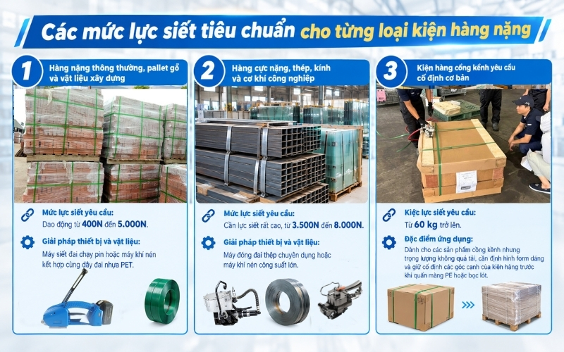 Các mức lực siết tiêu chuẩn cho từng loại kiện hàng nặng