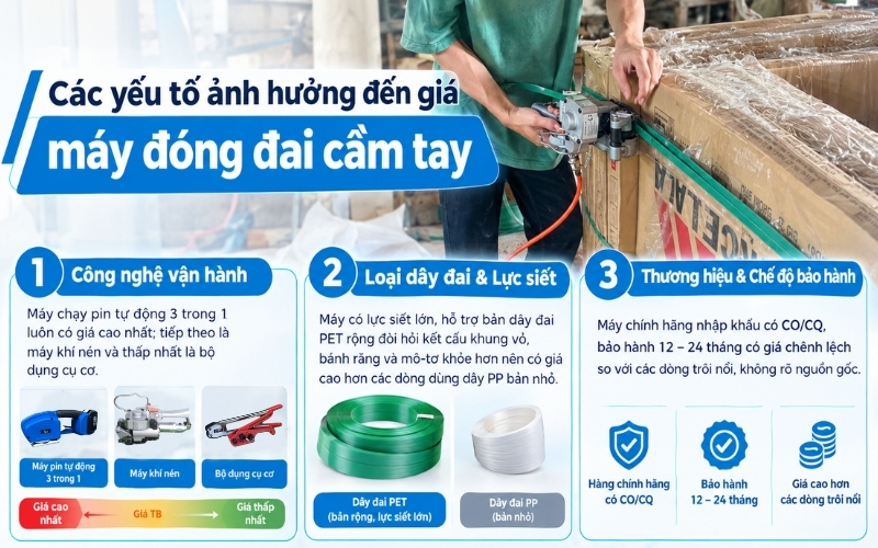Các yếu tố ảnh hưởng đến giá máy đóng đai cầm tay