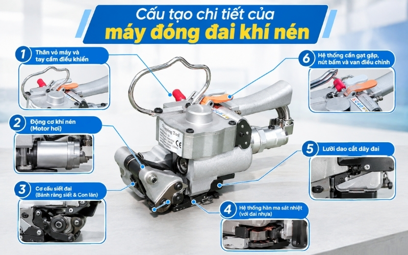 Cấu tạo chi tiết của máy đóng đai khí nén