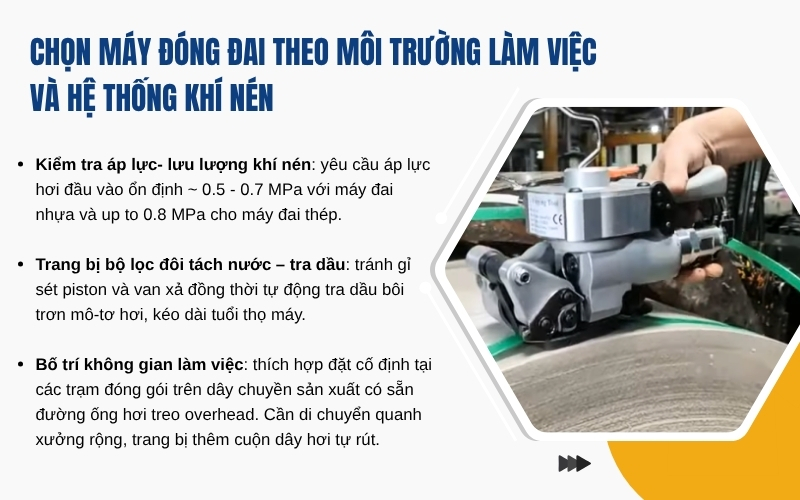 Chọn máy đóng đai theo môi trường làm việc và hệ thống khí nén