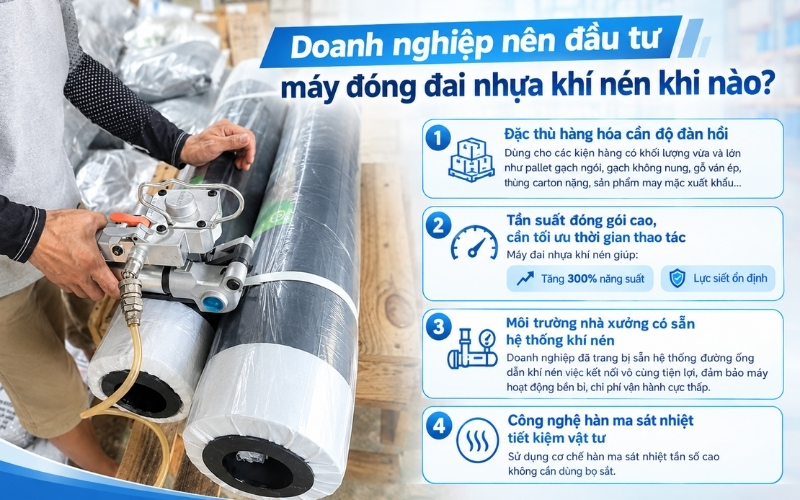 Doanh nghiệp nên đầu tư máy đóng đai nhựa khí nén khi nào