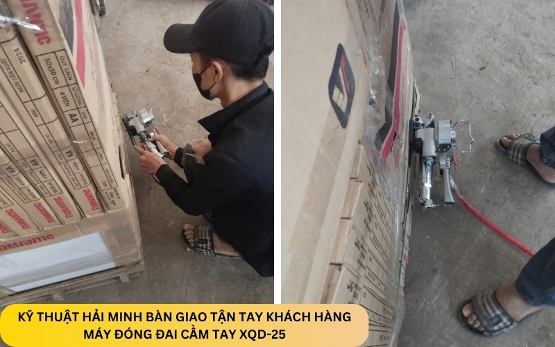 Kỹ thuật giao, test máy đóng đai cầm tay khí nén XQD-25 tận nơi cho khách 