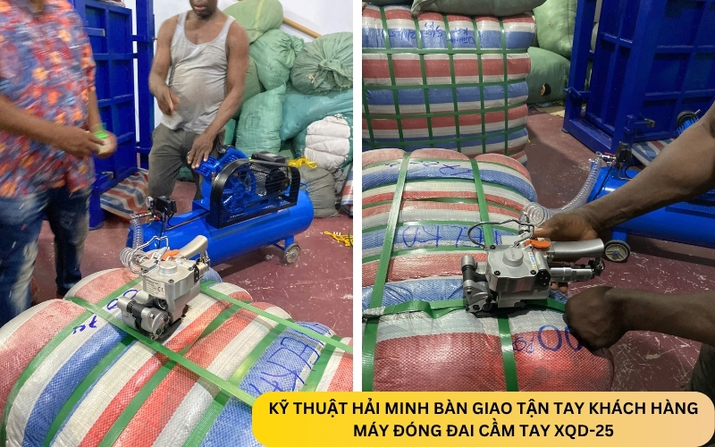 Kỹ thuật giao, test máy đóng đai cầm tay khí nén XQD-25 tận nơi cho khách 