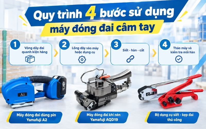 Quy trình 4 bước sử dụng máy đóng đai cầm tay