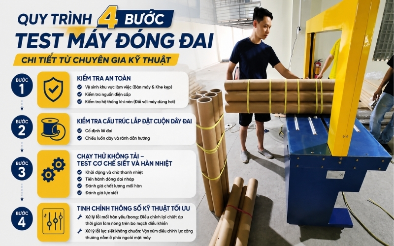 Quy trình 4 bước test máy đóng đai chi tiết từ chuyên gia kỹ thuật
