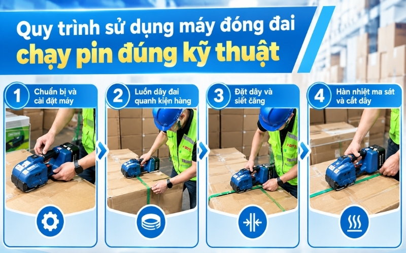 Quy trình sử dụng máy đóng đai chạy pin đúng kỹ thuật