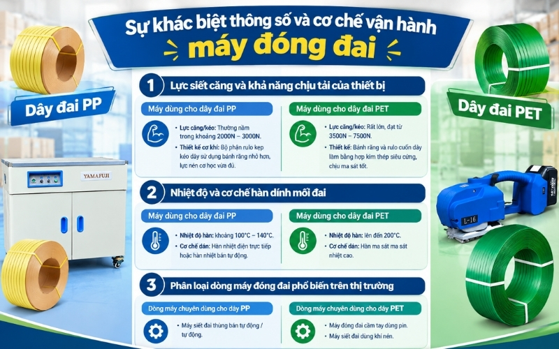Sự khác biệt thông số và cơ chế vận hành máy đóng đai