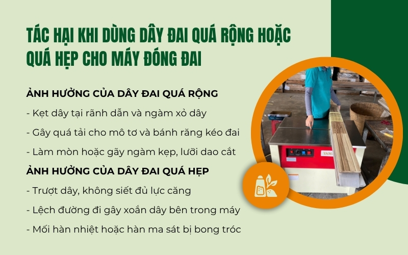Tác hại khi dùng dây đai quá rộng hoặc quá hẹp cho máy đóng đai