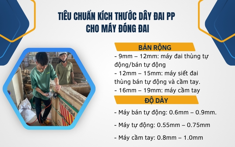Tiêu chuẩn kích thước dây đai pp cho máy đóng đai