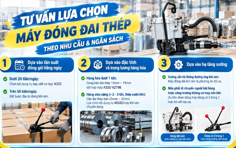 Tư vấn lựa chọn máy đóng đai thép theo nhu cầu & ngân sách