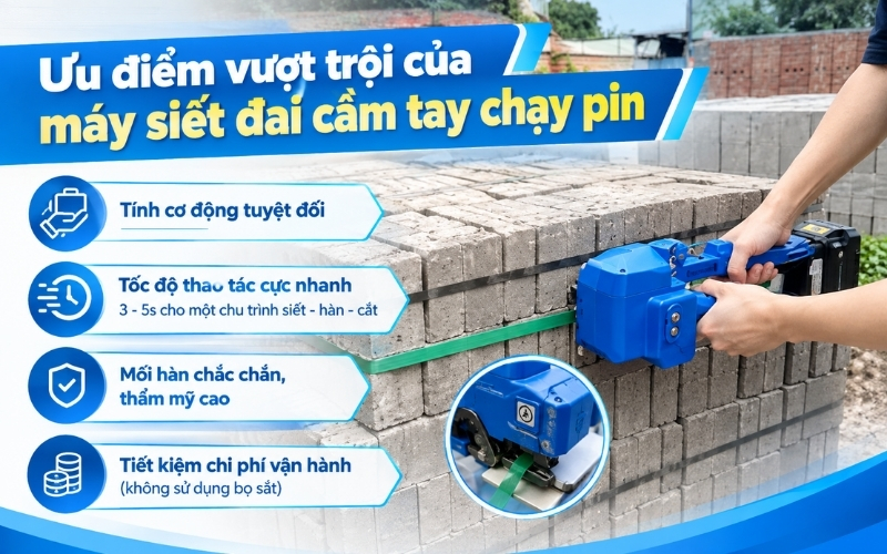 Ưu điểm vượt trội của máy siết đai cầm tay chạy pin