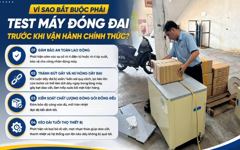 Vì sao bắt buộc phải test máy đóng đai trước khi vận hành chính thức