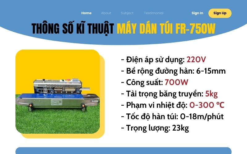 Thông số kĩ thuật máy dán túi FR-750w