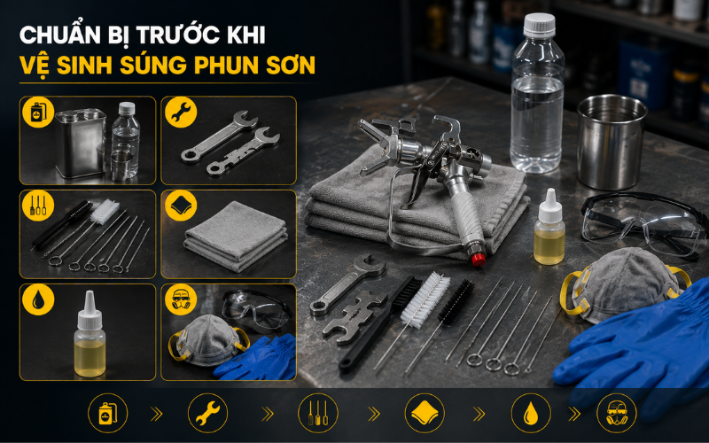 Chuẩn bị trước khi vệ sinh súng phun sơn
