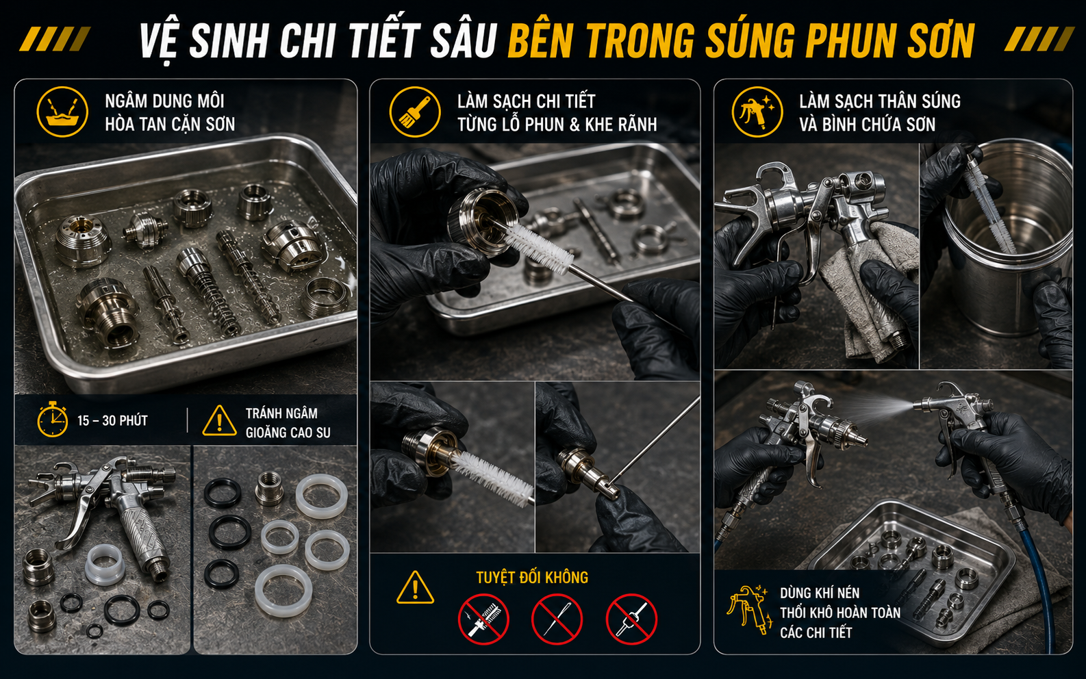 Vệ sinh chi tiết sâu bên trong súng phun sơn