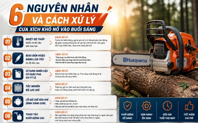 6 nguyên nhân và cách xử lý cưa xích khó nổ vào buổi sáng