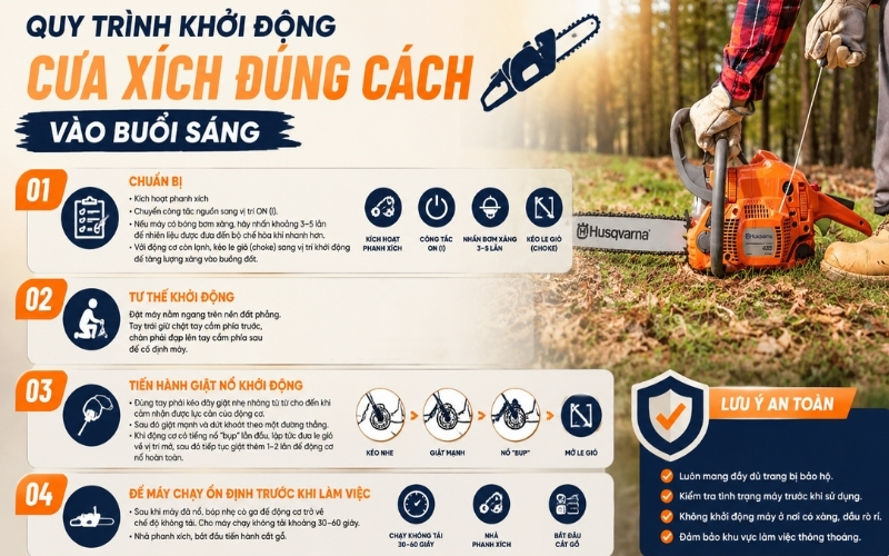 Quy trình khởi động cưa xích đúng cách vào buổi sáng