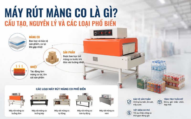 Máy rút màng co là gì? Cấu tạo, nguyên lý và các loại phổ biến
