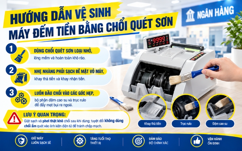 Dùng chổi quét sơn để vệ sinh máy đếm tiền