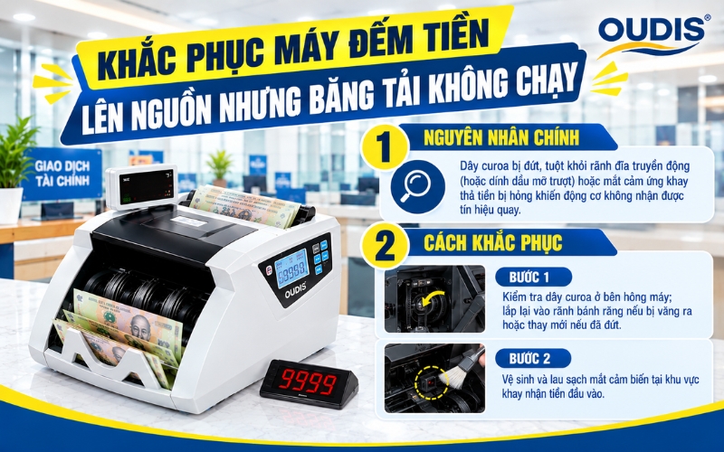 Máy bật điện nhưng băng tải không chạy (dù không báo lỗi)