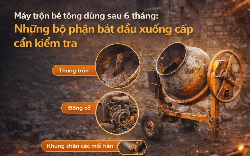 Máy trộn bê tông dùng sau 6 tháng Những bộ phận bắt đầu xuống cấp cần kiểm tra