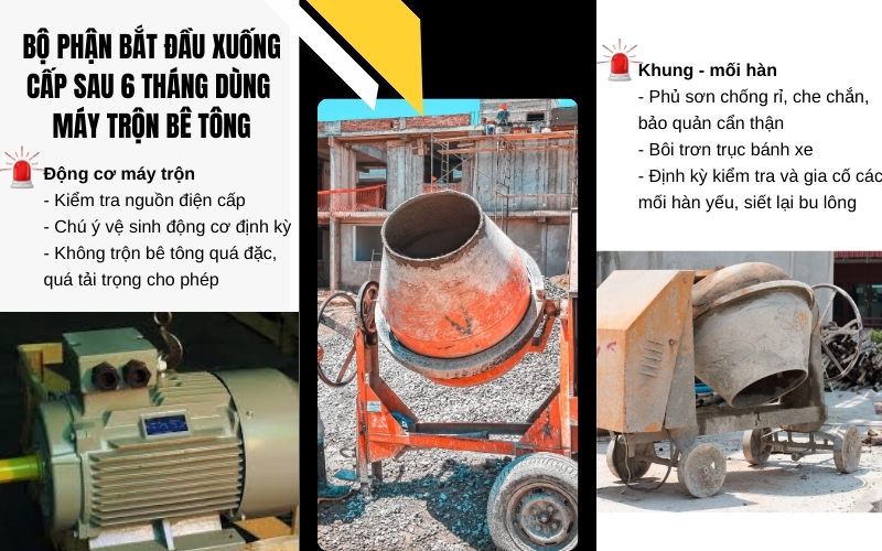 Những bộ phận bắt đầu xuống cấp sau 6 tháng dùng máy trộn bê tông