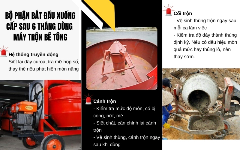 Những bộ phận bắt đầu xuống cấp sau 6 tháng dùng máy trộn bê tông