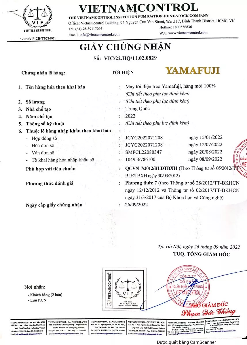 giấy kiểm định chất lượng Yamafuji do Vietnamcontrol cấp 