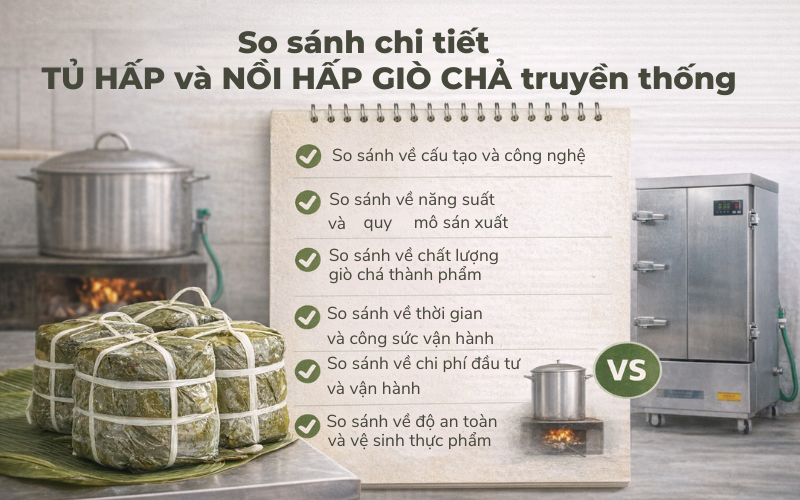 So sánh chi tiết tủ hấp và nồi hấp giò chả truyền thống