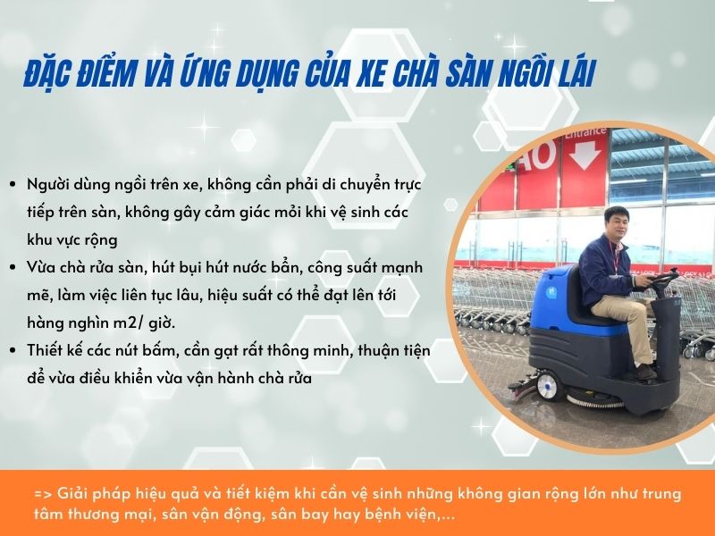 Đặc điểm và ứng dụng của xe chà sàn ngồi lái