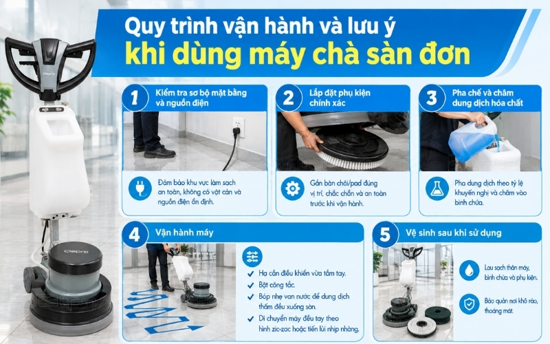 Quy trình vận hành và lưu ý khi dùng máy chà sàn đơn