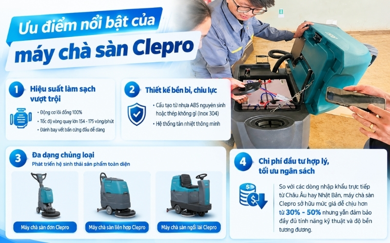 Ưu điểm nổi bật của máy chà sàn Clepro