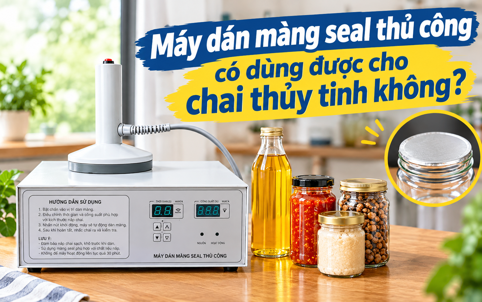 Máy dán màng seal thủ công có dùng được cho chai thủy tinh
