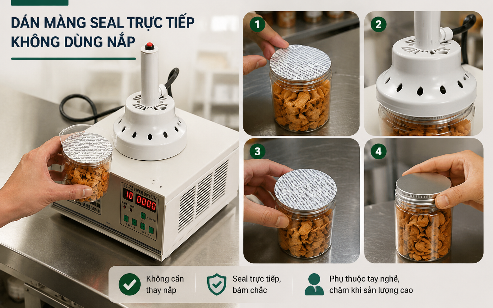 Seal trực tiếp lên miệng hũ, không dùng nắp