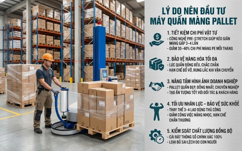 Lý do doanh nghiệp nên đầu tư máy quấn màng pallet ngay