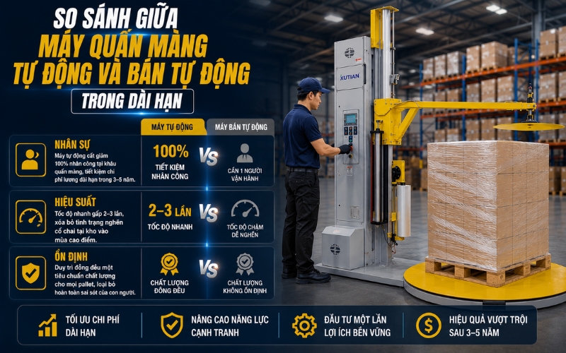 So sánh giữa máy quấn màng tự động và bán tự động trong dài hạn