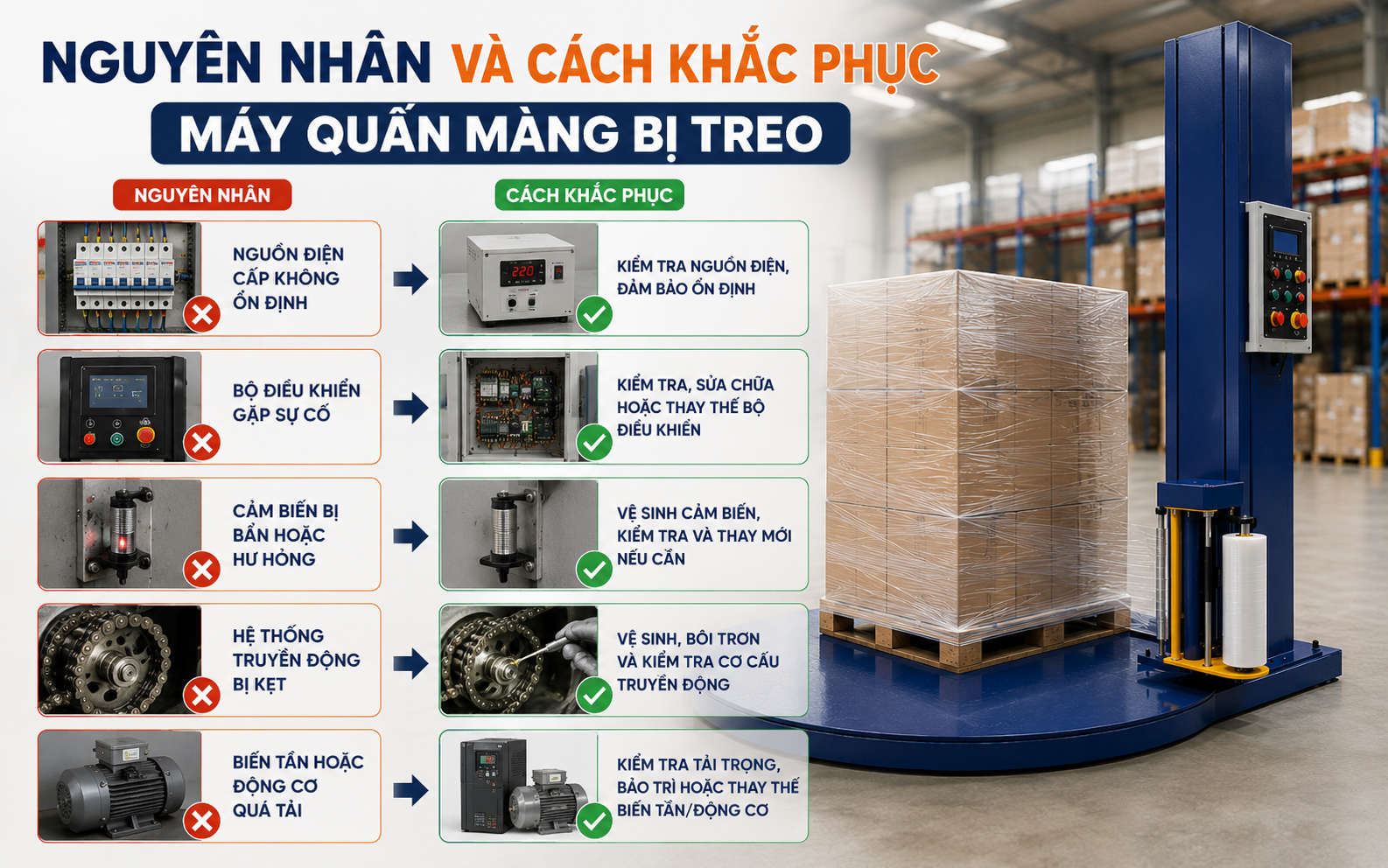 Nguyên nhân và cách khắc phục máy quấn màng bị treo