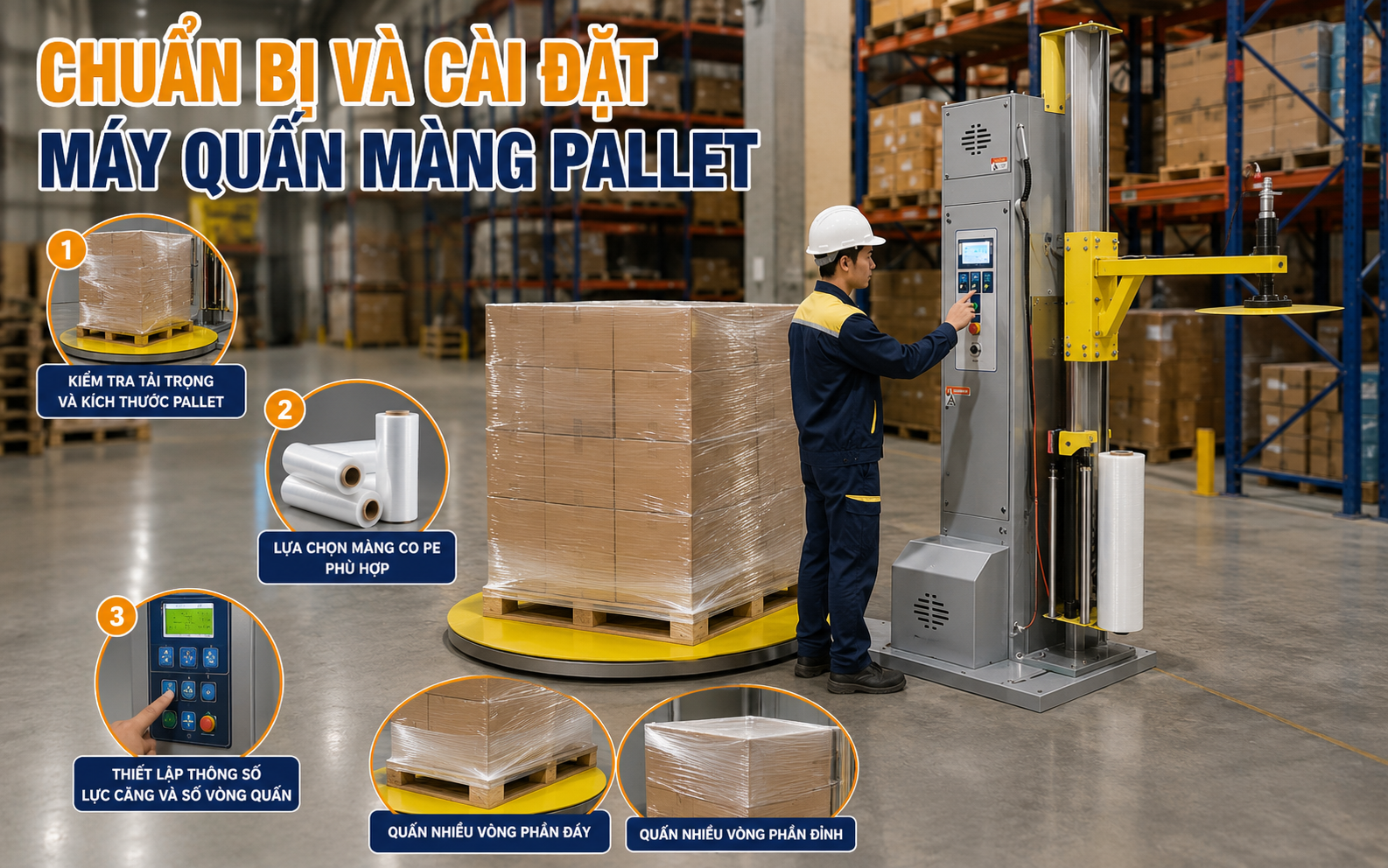 Chuẩn bị và cài đặt máy quấn màng Pallet 