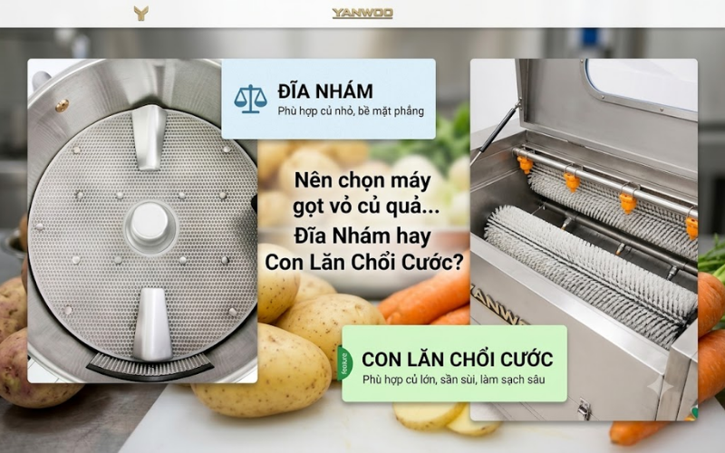 Nên chọn máy gọt vỏ củ quả đĩa nhám hay con lăn chổi cước?